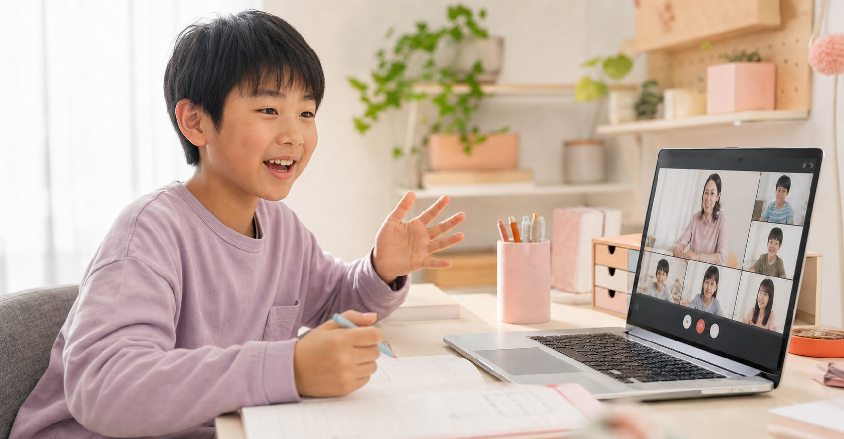 オンラインで先生や仲間と英語を使う小学生